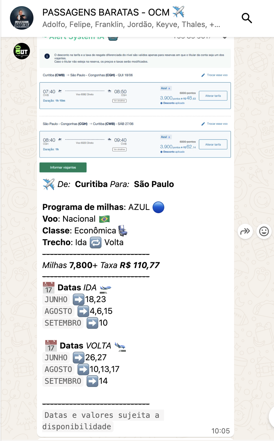 Print 5 do grupo de alertas de passagens