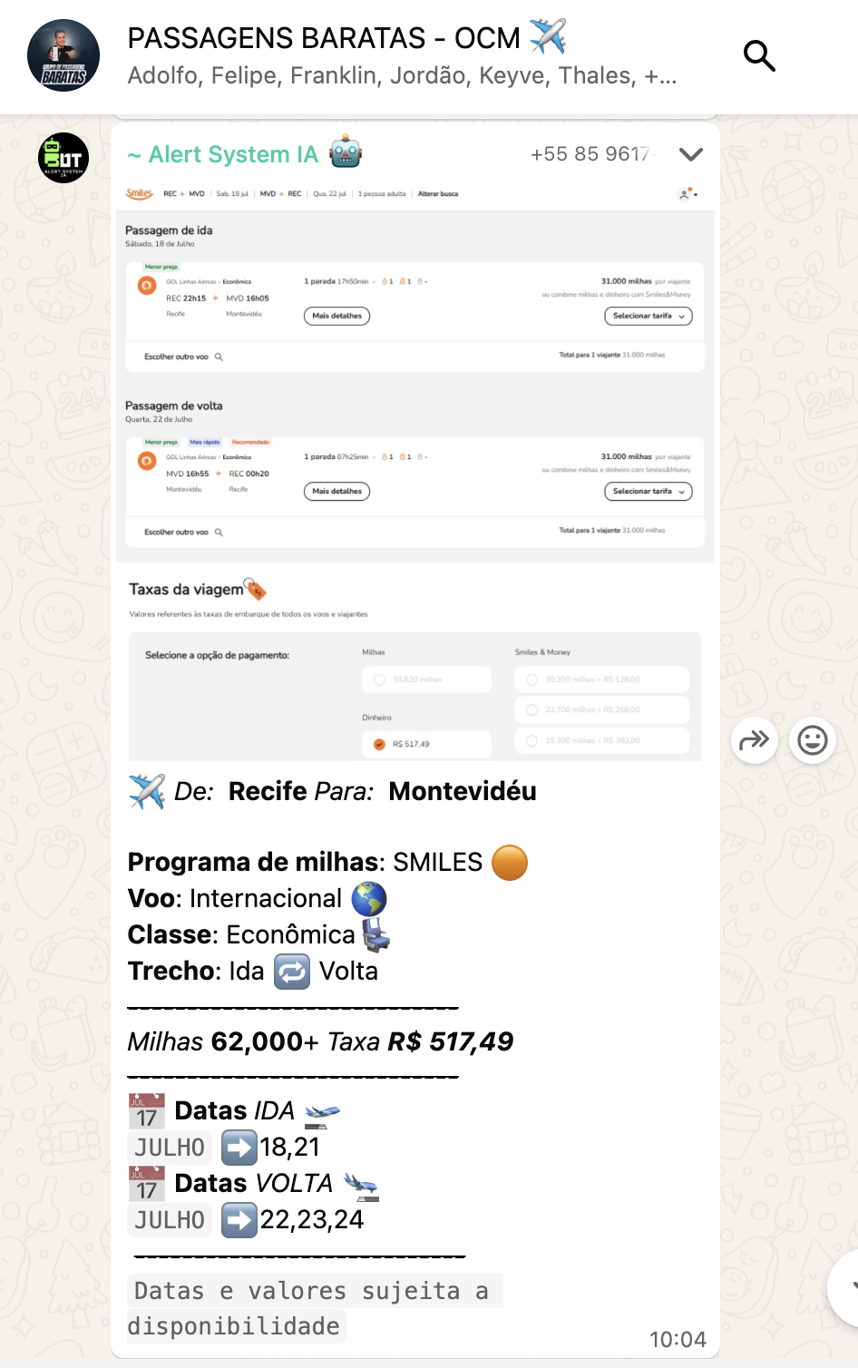 Print 6 do grupo de alertas de passagens