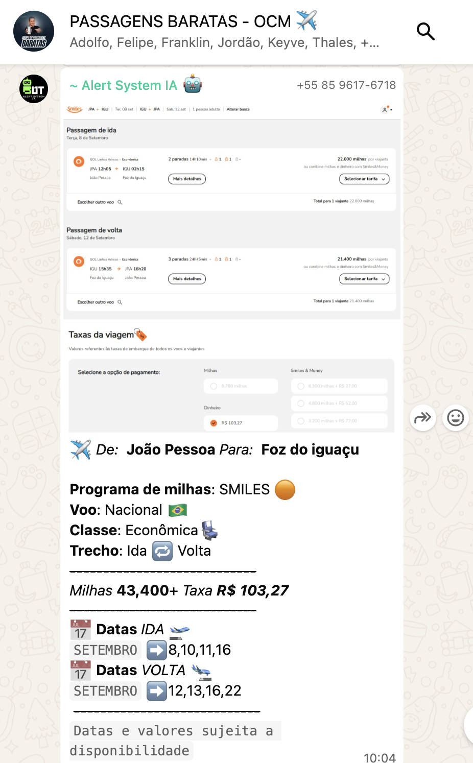Print 7 do grupo de alertas de passagens
