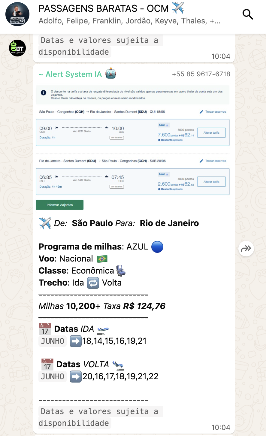 Print 8 do grupo de alertas de passagens